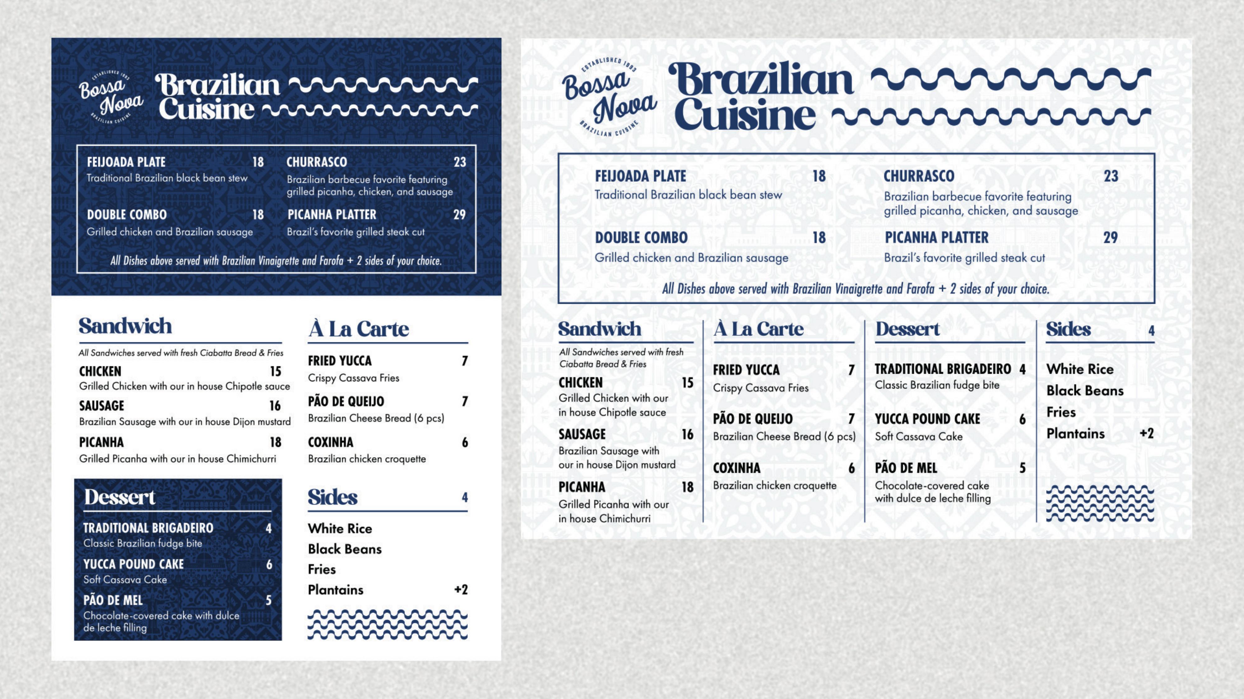 Bossa Nova menu design — dark and light versions