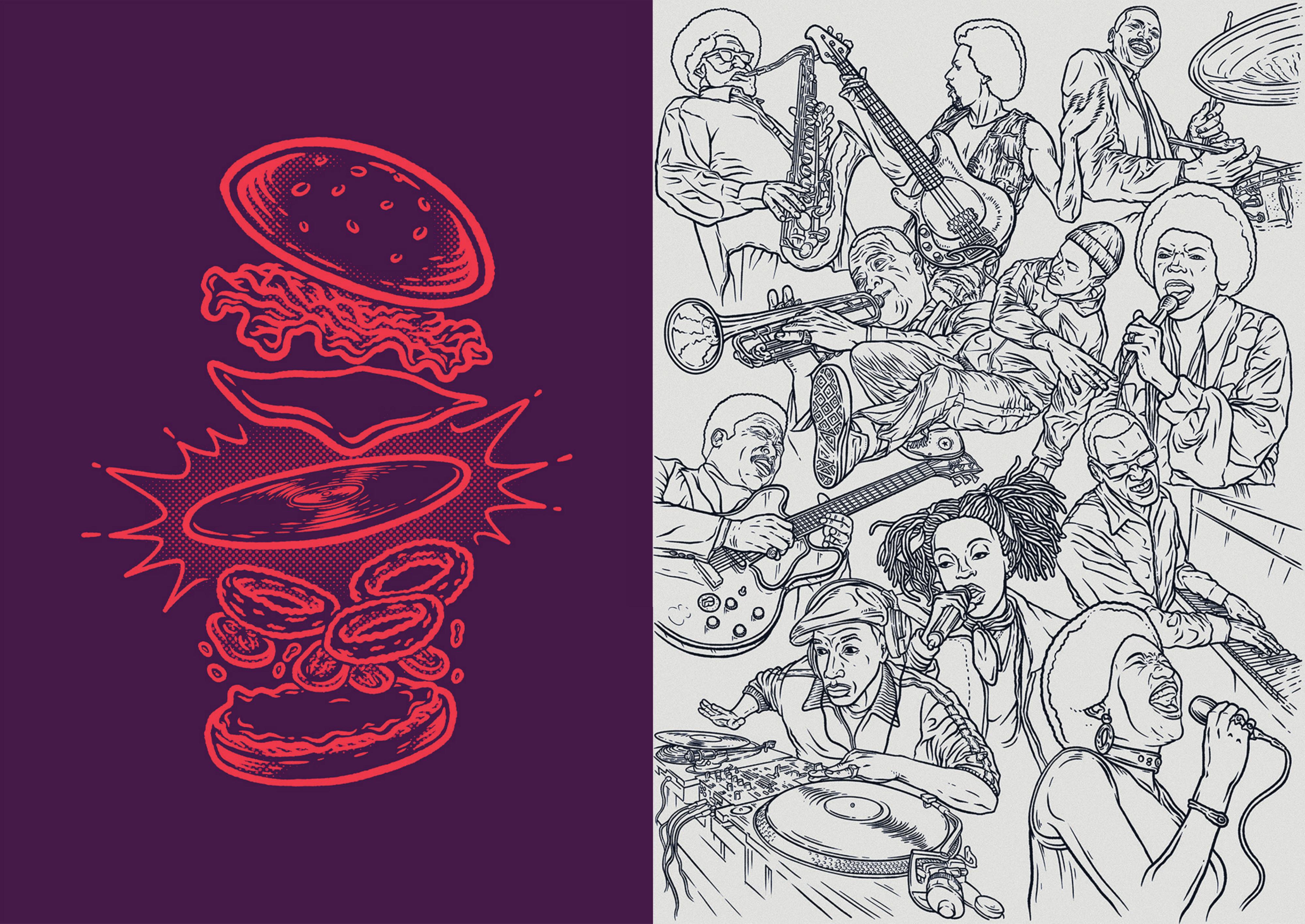 Soul Burguer — custom burger and jazz illustration